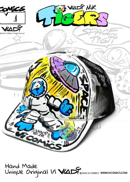 Original TIGERS Comics hand-painted hat, unique One of One 1/1 artwork by Art VLADI NIK for VI COMICS.
