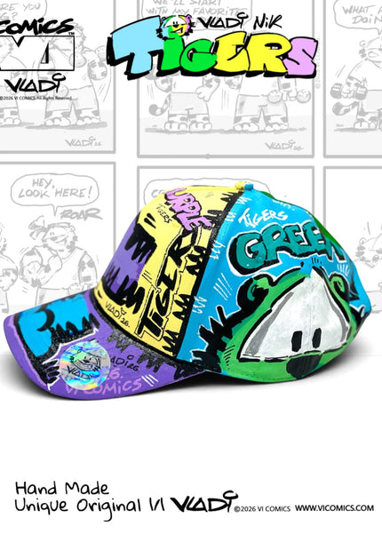 Original TiGERS Comics artwork on a hand-painted collector hat by Art VLADI NIK 