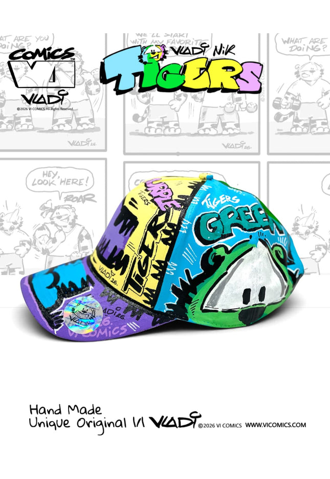 Original TiGERS Comics artwork on a hand-painted collector hat by Art VLADI NIK 