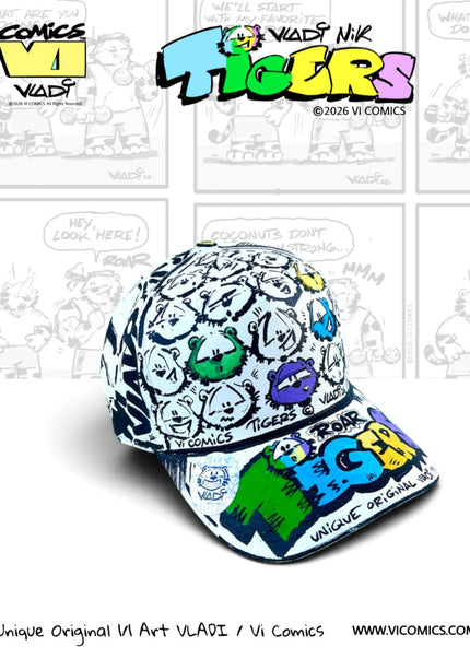 TIGERS Comics 1 of 1 hand-painted baseball cap by Art VLADI NIK for VI COMICS.