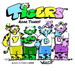 TIGERS™ team by VI COMICS featuring Blue Tiger, Green Tiger, Yellow Tiger and Purple Tiger sport comic characters created by Vladi Nik