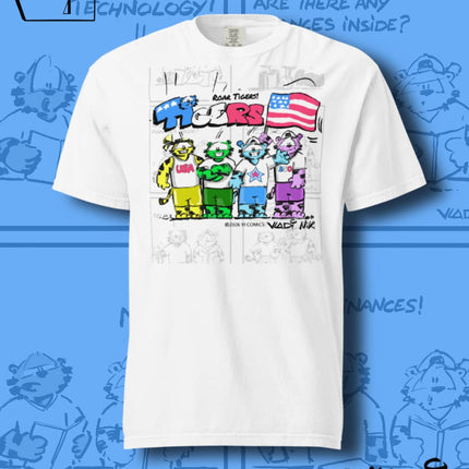     TIGERS USA Independence Day T-Shirt featuring the original tiger heroes wearing USA jerseys with the American flag, created by ART VLADI NIK for VI COMICS.