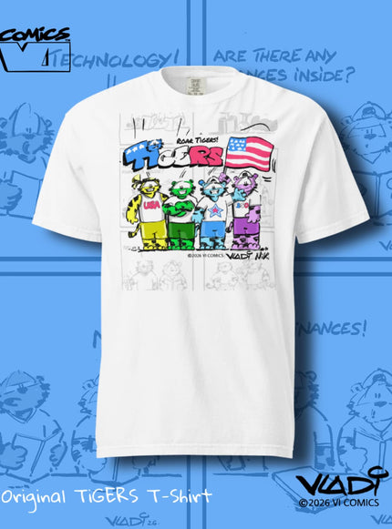     TIGERS USA Independence Day T-Shirt featuring the original tiger heroes wearing USA jerseys with the American flag, created by ART VLADI NIK for VI COMICS.