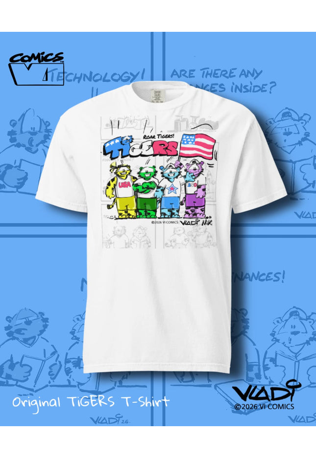     TIGERS USA Independence Day T-Shirt featuring the original tiger heroes wearing USA jerseys with the American flag, created by ART VLADI NIK for VI COMICS.
