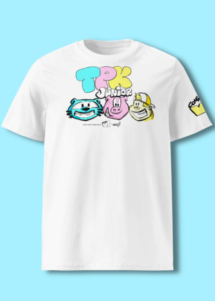White VI Comic T-shirt featuring TPK Junior characters Tigi, Pigi, Kongi, Chiefi, and A.I. Boti in pop-art style.