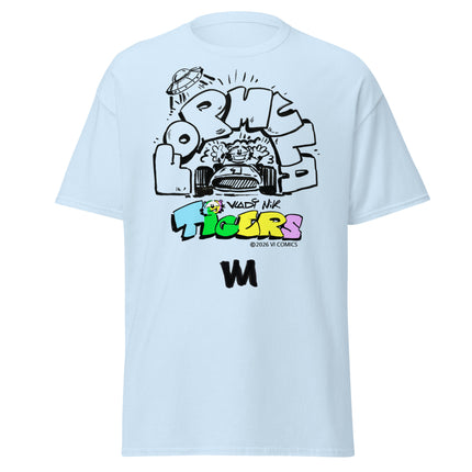 TIGERS Formula Racing Blue T-Shirt featuring colorful graphic design by VI COMICS™ on a light blue tee.