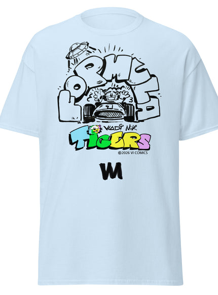 TIGERS Formula Racing Blue T-Shirt featuring colorful graphic design by VI COMICS™ on a light blue tee.