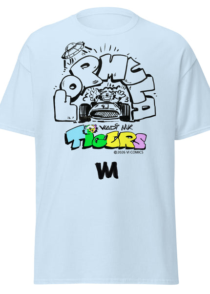 TIGERS Formula Racing Blue T-Shirt featuring colorful graphic design by VI COMICS™ on a light blue tee.
