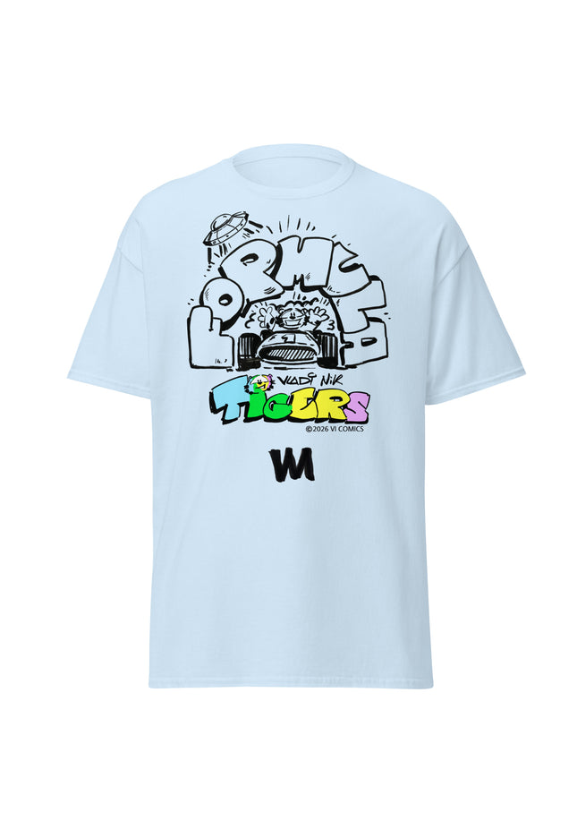 TIGERS Formula Racing Blue T-Shirt featuring colorful graphic design by VI COMICS™ on a light blue tee.