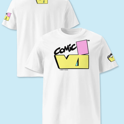 VI Comic logo T-shirt front and back views