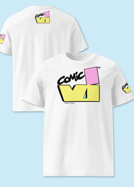 VI Comic logo T-shirt front and back views