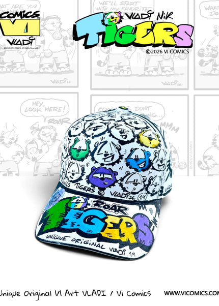 VI COMICS TiGERS original artwork baseball cap, unique 1 of 1 hand-painted collector piece by Art VLADI NIK