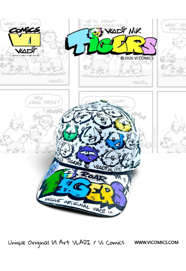 VI COMICS TiGERS original artwork baseball cap, unique 1 of 1 hand-painted collector piece by Art VLADI NIK